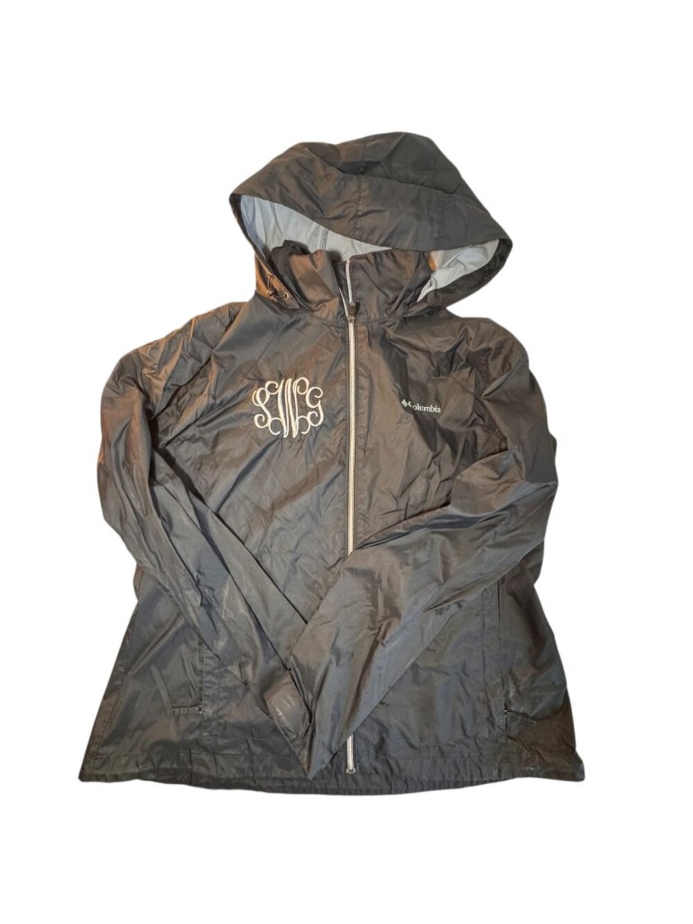 Columbia Women's XL Black Hooded Rain Jacket Packable Hood Cinch Waist Monogramm